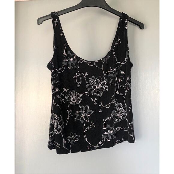 Alex Evenings Petite Sleeveless tank Top Medium black floral mettalic - Picture 1 of 3